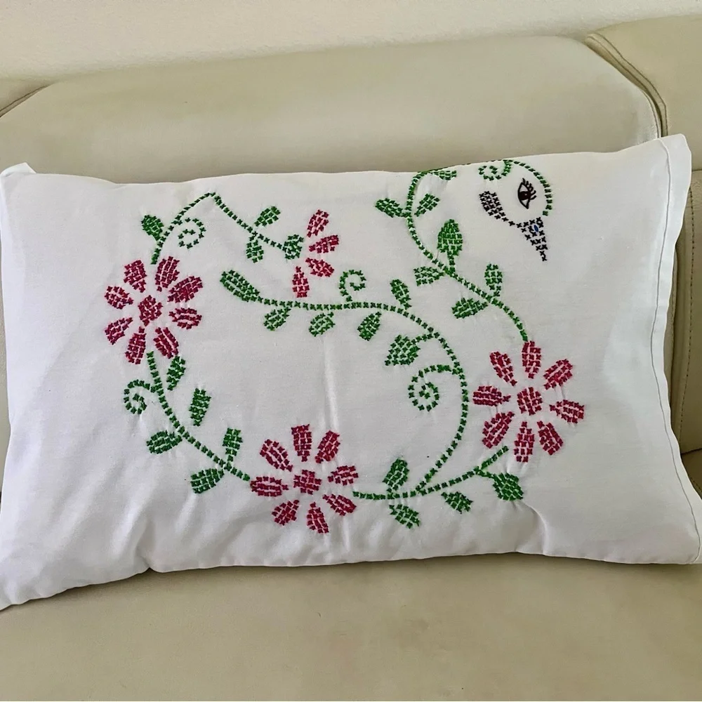 Embroidered Floral White Pillow 17/25 inches